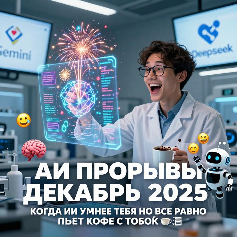 АИ ПРОРЫВЫ ДЕКАБРЬ 2025 КОГДА ИИ УМНЕЕ ТЕБЯ НО ВСЕ РАВНО ПЬЕТ КОФЕ С ТОБОКОЙ ☕😉 Это юмористический мем о декабрьских прорывах в ИИ (в частности, новых мощных моделях от DeepSeek и обновлениях Gemini), подчёркивающий, что ИИ становится сверхумным, но остаётся "человечным" и дружелюбным.