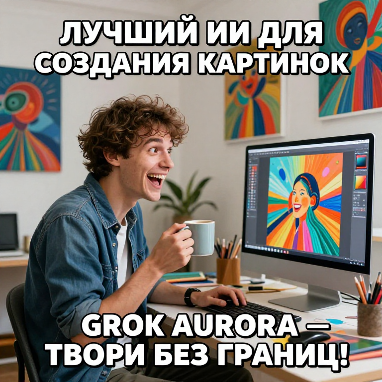 Описание картинки для статьи: Эта картинка — идеальная иллюстрация к твоей статье о лучшем ИИ для создания изображений! 🎨✨ Композиция и сцена: Высококачественное фотореалистичное изображение (в стиле 8K, с естественным освещением и кинематографической детализацией). В центре — веселый молодой художник (лет 25-30, с креативной прической и casual одеждой) сидит за современным столом в яркой, уютной студии. Он держит в руке кружку с кофе ☕, широко улыбается и смеётся, глядя на большой монитор компьютера с широко раскрытыми глазами — выражение лица полное удивления и восторга, как будто он говорит: "Вау, ИИ нарисовал это лучше меня!" 😲😂 Фон и детали: Стены студии увешаны яркими, разноцветными AI-генерированными картинами: абстрактные взрывы цветов, сюрреалистические пейзажи, забавные персонажи. На экране монитора видно vibrant цифровое искусство — например, космический кот с лазерными глазами или эпичный фантастический ландшафт. Всё вокруг выглядит творчески и вдохновляюще: разбросанные скетчи, планшет, растения для уюта. Надписи на русском (жирным шрифтом, каждая буква заглавная, в стиле bold overlay): Вверху картинки: ЛУЧШИЙ ИИ ДЛЯ СОЗДАНИЯ КАРТИНОК (белый текст с тенью для читаемости). Внизу: GROK AURORA — ТВОРИ БЕЗ ГРАНИЦ! (с эмодзи 🚀 рядом). Маленькая надпись возле экрана: ШЕДЕВРЫ ЗА СЕКУНДЫ! (с искрами ✨). Картинка передаёт юмор, позитив и магию ИИ-творчества — глядя на неё, сразу хочется сесть и генерировать свои шедевры! 😎 Идеально подойдёт как заглавная иллюстрация для статьи на gptunnelpro.ru, чтобы зацепить читателя с первого взгляда.