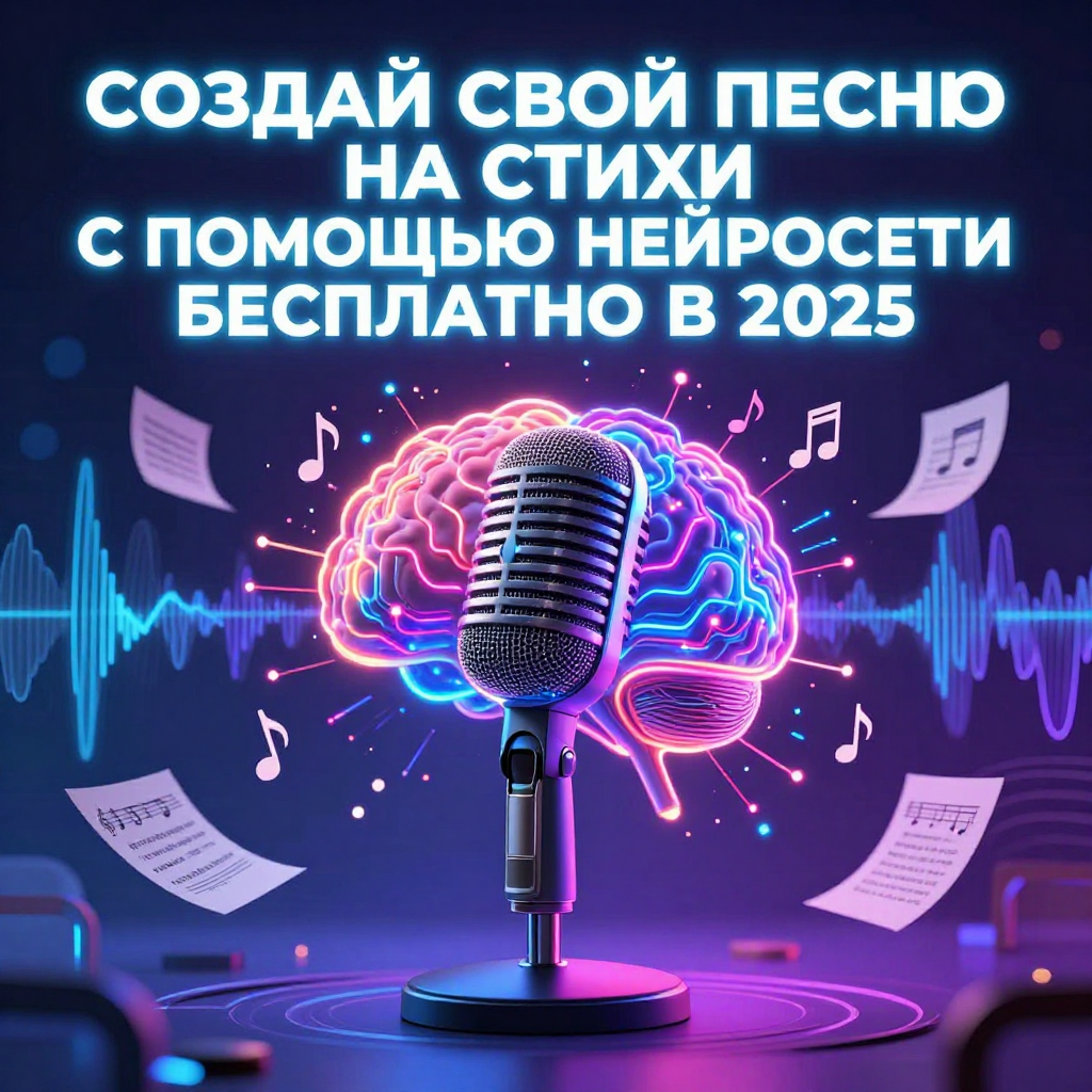 футуристический микрофон, сливающийся с неоновым мозгом нейросети, взрывающиеся ноты, звуковые волны и летающие ноты с текстами — всё в ярком киберпанковом стиле с синими, фиолетовыми и розовыми тонами. Это как будто ИИ уже поёт ваш будущий хит! 😎🚀
