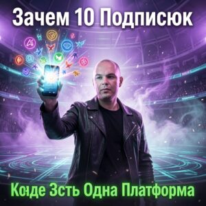 Syntx AI веб версия — лысый мужчина в кожаной куртке держит смартфон с иконками нейросетей на фоне футуристической арены с надписью Зачем 10 Подписок Когда Есть Одна Платформа