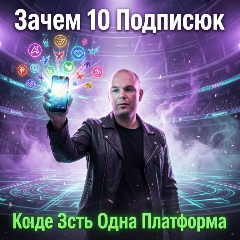 Syntx AI веб версия — лысый мужчина в кожаной куртке держит смартфон с иконками нейросетей на фоне футуристической арены с надписью Зачем 10 Подписок Когда Есть Одна Платформа