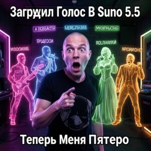 Клонирование голоса в Suno 5.5 — лысый мужчина в шоке показывает на четыре неоновых голографических клона себя в разных музыкальных жанрах рок опера рэп метал в тёмной студии с надписью Загрузил Голос В Suno 5.5 Теперь Меня Пятеро