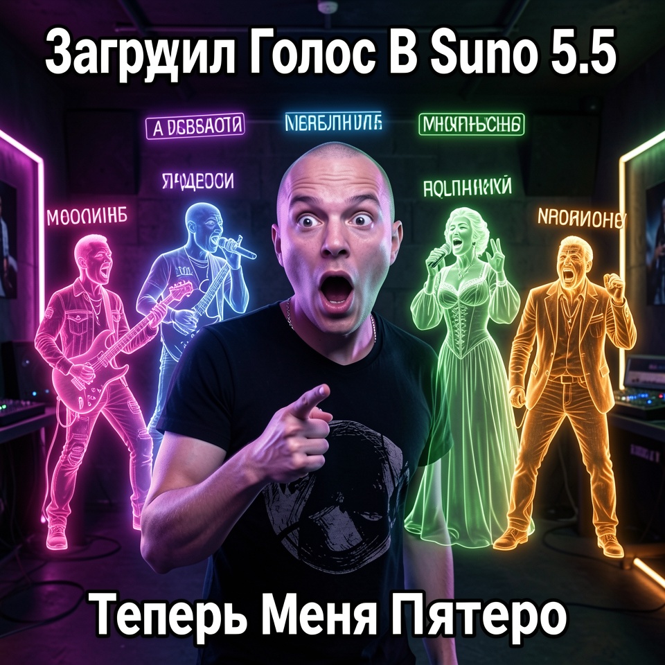 Клонирование голоса в Suno 5.5 — лысый мужчина в шоке показывает на четыре неоновых голографических клона себя в разных музыкальных жанрах рок опера рэп метал в тёмной студии с надписью Загрузил Голос В Suno 5.5 Теперь Меня Пятеро