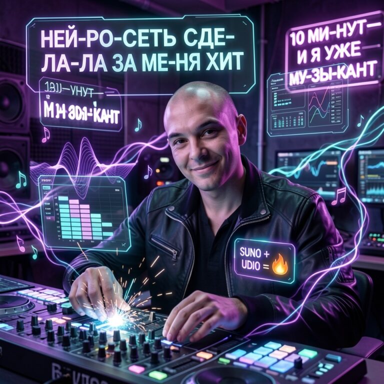 Мужчина за микшерным пультом создаёт музыку с помощью нейросетей Suno и Udio